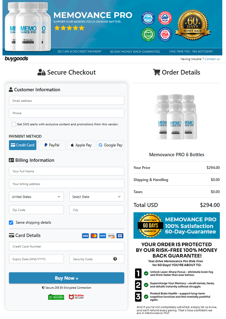MemoVance PRO order form